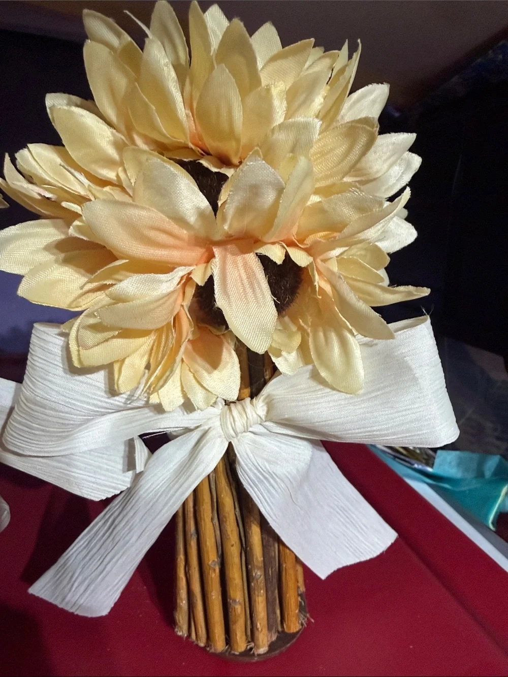 2 Artificial Sunflower Bundle with White Ribbon - Cream Yellow